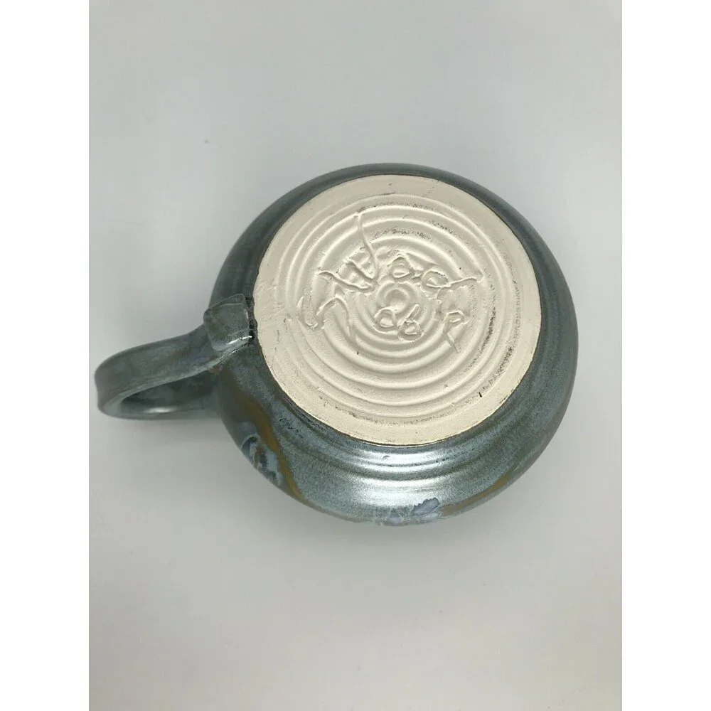 Art Pottery Large Creamer Blue Glaze Signed Dated Handle Ceramic Stoneware Gravy